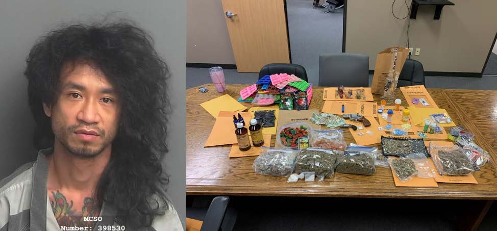 Booking photo of Tai Thai on left and recovered items.